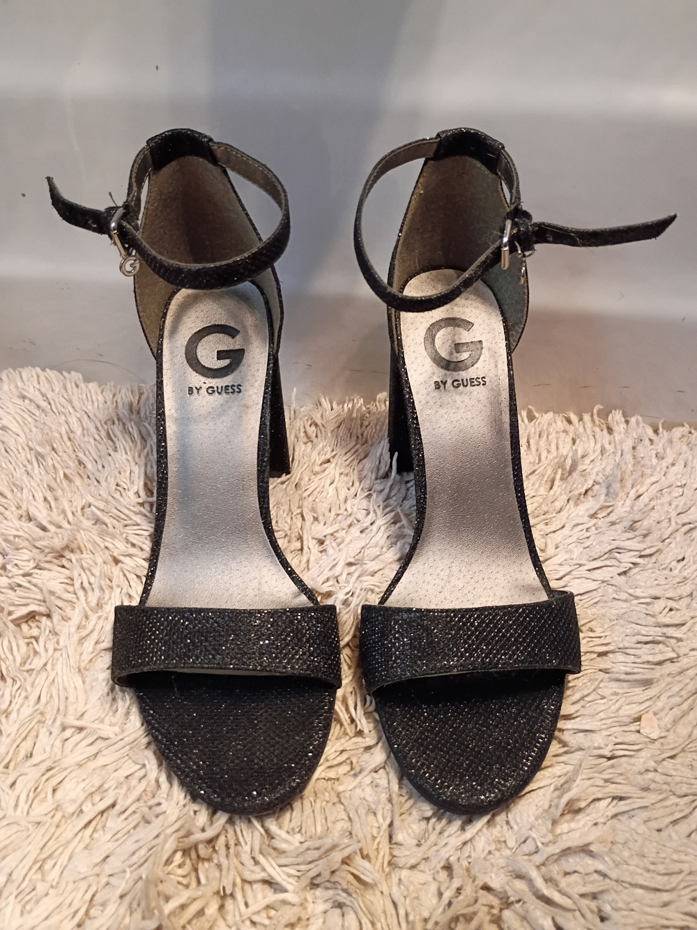 G by GUESS Black Glitter Ankle-Strap Block Heels Size 8M